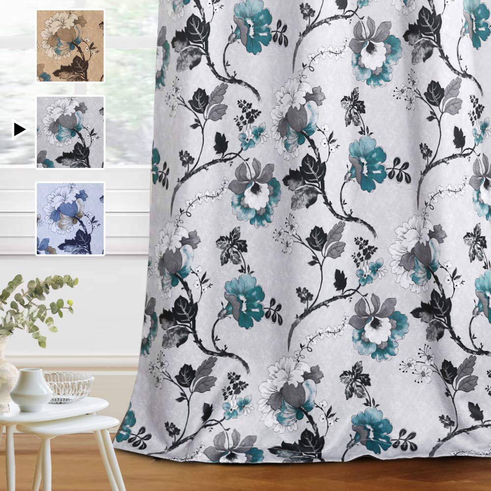 H.VERSAILTEX Blackout Curtains for Bedroom/Living Room Thermal Insulated Printed Curtain Drapes 96 Inches Long Energy Efficient Room Darkening Curtains Pair (2 Panels), Vintage Floral Grey & Teal